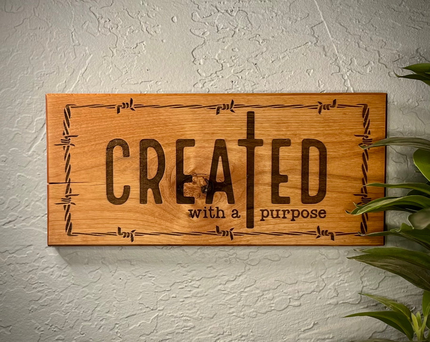 “Created With a Purpose” Wall Display – Knotty Alder Wood